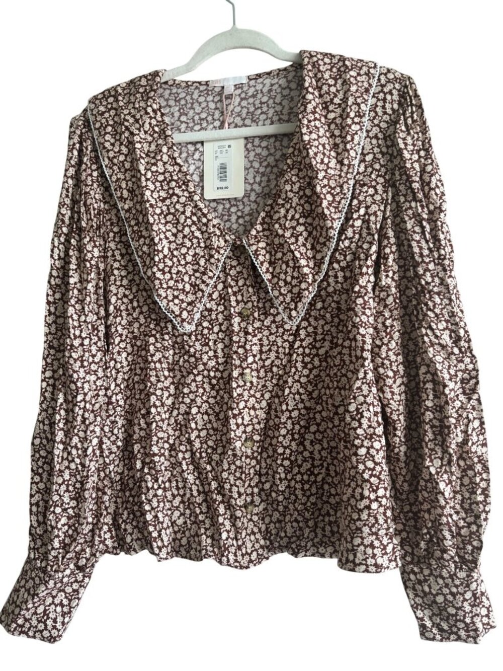 Gianni Bini Floral Button-Up Blouse Statement Collar Puff Sleeves  XL